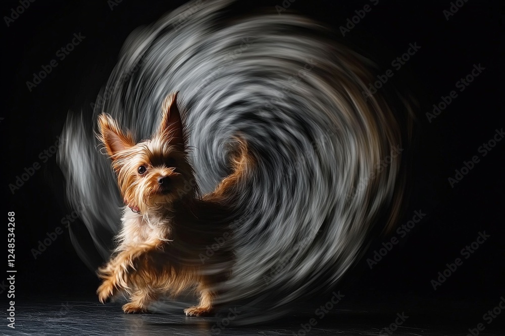 Naklejka premium Yorkshire terrier spins joyfully in a playful motion against a dark background