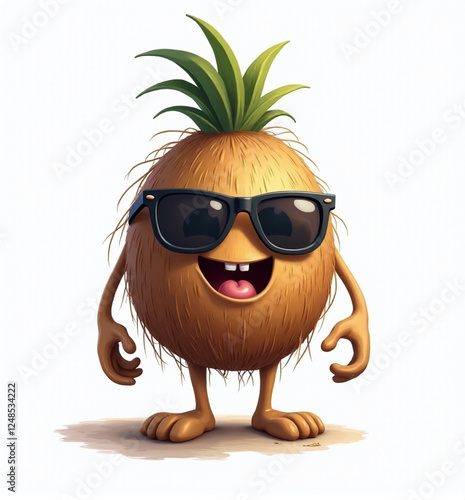 Coconut with Sunglasses, 2D Kids Illustration on White Background

