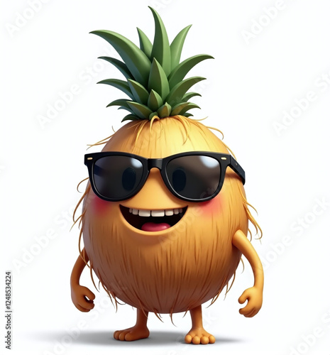 Coconut with Sunglasses, 2D Kids Illustration on White Background

