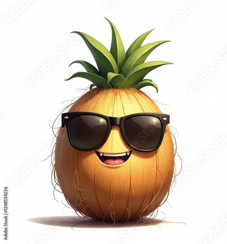 Coconut with Sunglasses, 2D Kids Illustration on White Background

