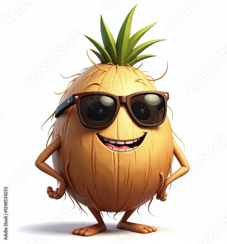 Coconut with Sunglasses, 2D Kids Illustration on White Background

