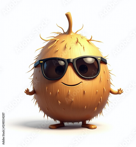 Coconut with Sunglasses, 2D Kids Illustration on White Background

