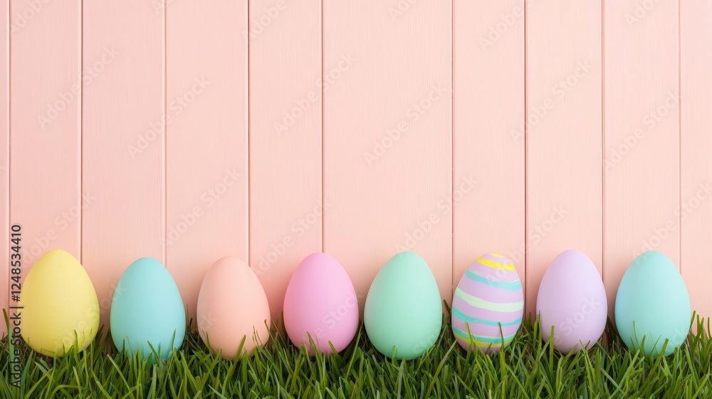 Fototapeta premium A rustic wooden panel painted in pale peach, with pastel-colored Easter eggs lined up on lush green grass.