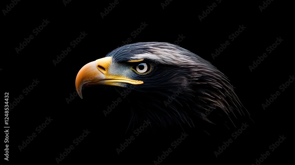 Obraz premium Majestic eagle in profile showcasing sharp features and striking colors against a dark background in a dramatic contrast
