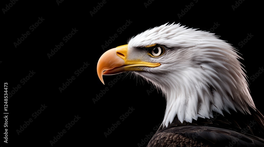 Majestic bald eagle in profile highlighting its sharp features and striking colors against a dark background Majestic bald eagle in profile highlighting its sharp features and striking colors against a dark background
