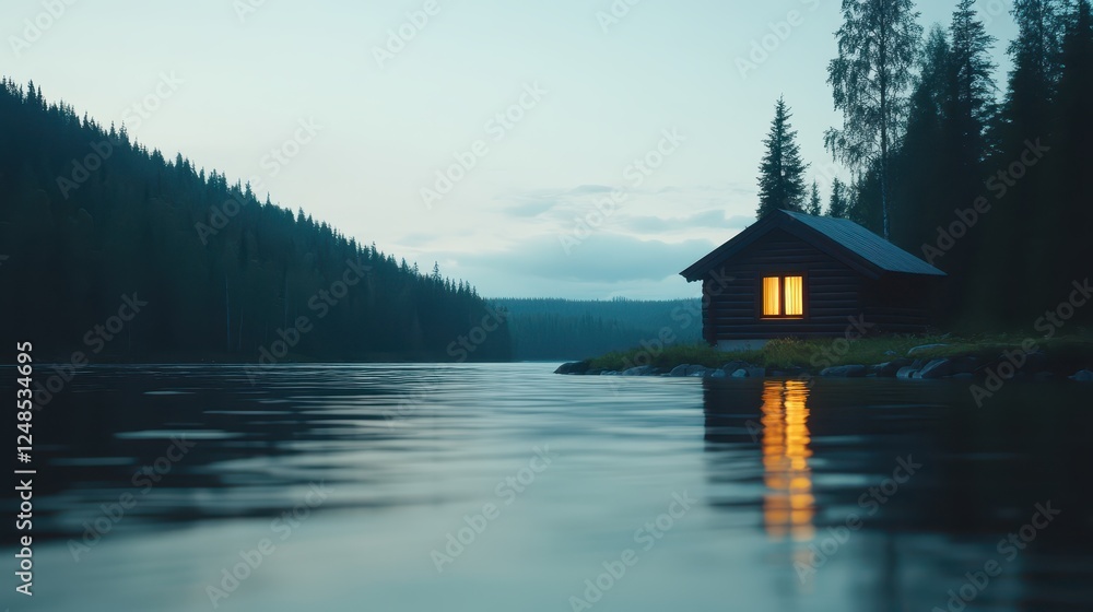 Fototapeta premium Cozy cabin by the serene lake at dusk with warm light glowing through the window