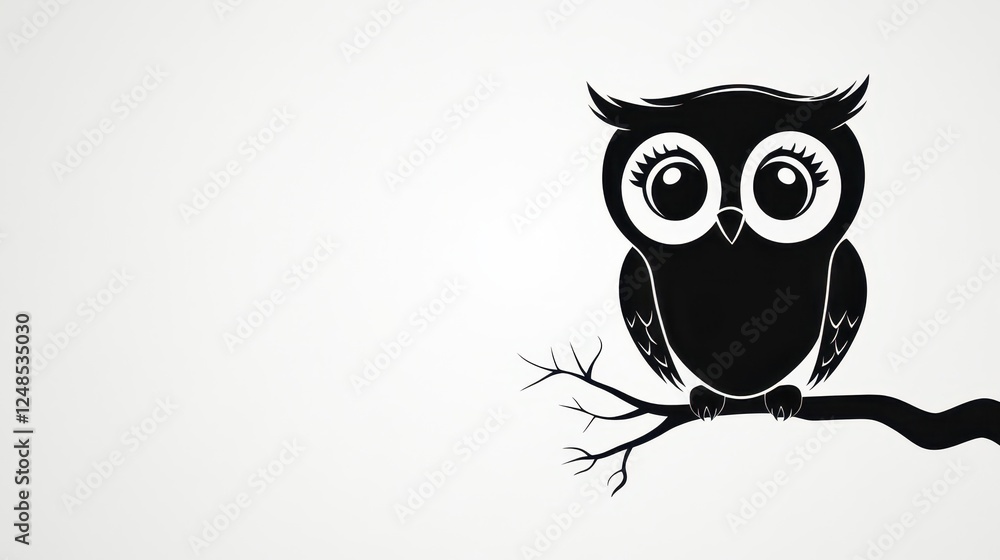 Naklejka premium Cute black owl perched on a branch against a light background surrounded by simplicity and whimsy