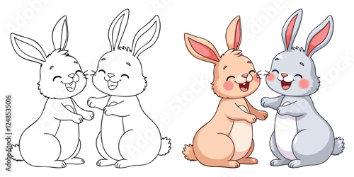 Two Rabbits (Bunny) are laughing Line Art Vector Outline Illustration Black and White with Coloring Sample. Bold and Easy Frost and Wild Animal Coloring Pages for Adults and Kids