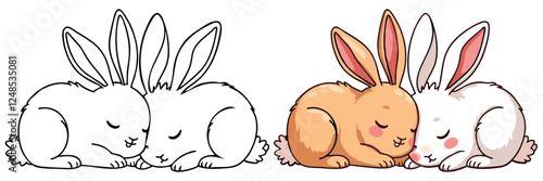 Two Rabbits (Bunny) are resting Line Art Vector Outline Illustration Black and White with Coloring Sample. Bold and Easy Frost and Wild Animal Coloring Pages for Adults and Kids