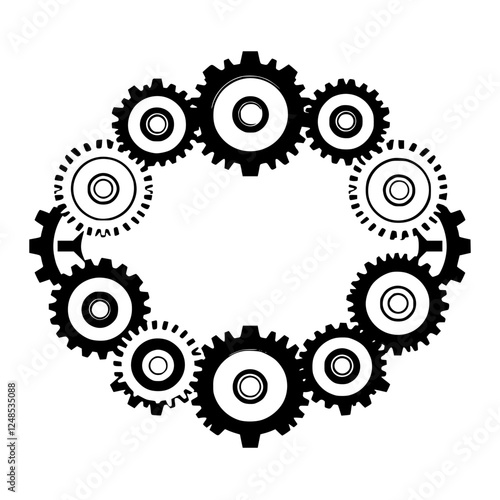 Circular array of interlocking gears in a minimalist black and white design, highlighting interconnected mechanism.