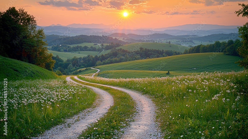 Naklejka premium Sunset Landscape: Serene Country Road Winding Through Flower Fields and Rolling Hills
