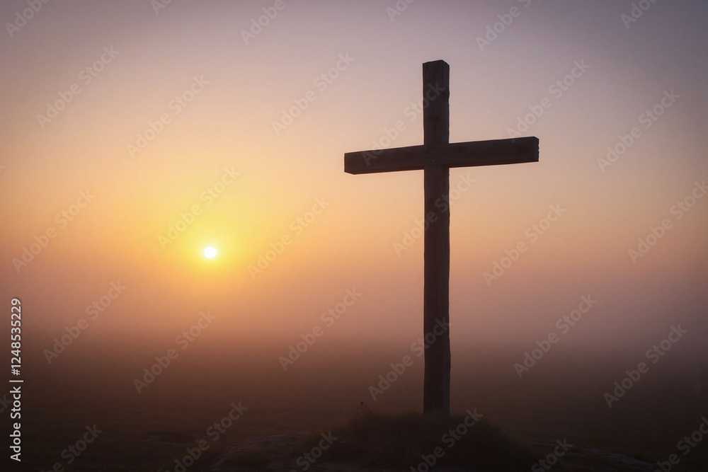 weathered wooden cross in misty rural landscape at dawn weathered wooden cross in misty rural landscape at dawn