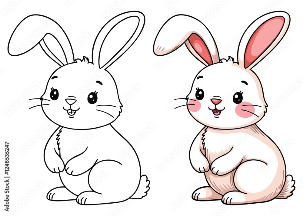 Obraz premium Two Rabbits (Bunny) Line Art Vector Outline Illustration Black and White with Coloring Sample. Bold and Easy Frost and Wild Animal Coloring Pages for Adults and Kids
