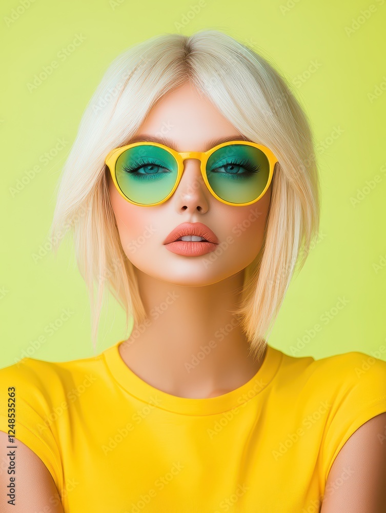 Bright summer fashion showcase featuring a model with blonde hair and vibrant yellow sunglasses against a vivid green background Bright summer fashion showcase featuring a model with blonde hair and vibrant yellow sunglasses against a vivid green background
