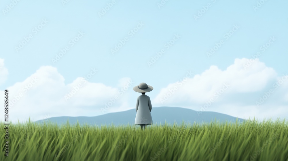 Obraz premium a person in a field looking at mountains