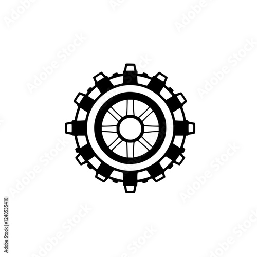 Abstract Black and White Gear wheel, a mechanical element in a minimal industrial style with a simplified design.