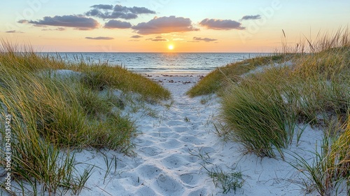 Fototapeta Naklejka Na Ścianę i Meble -  Sunset Beach Path: Serene Seascape, Golden Hour, Coastal Dune Landscape