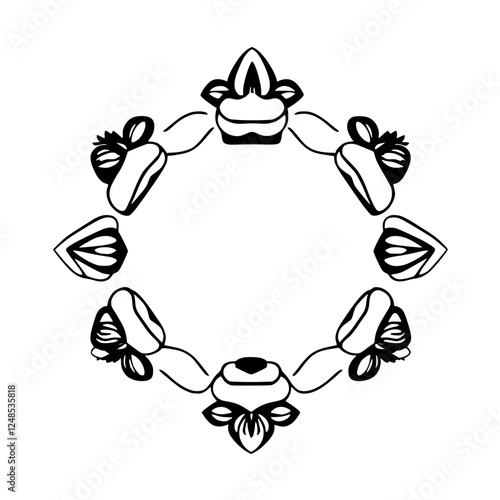 Simple floral design with black lines and a white background, centered around a closed shape of flowers.