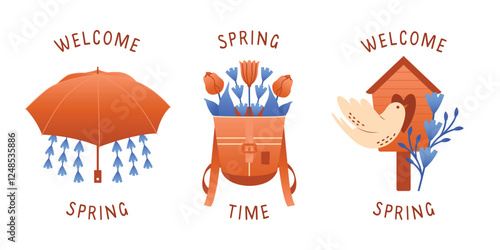 Collection of spring cliparts with text. Set of vector illustrations with umbrella, backpack full of tulips, birdhouse and white flying bird. Welcome Spring. For greeting card, banner, sticker.