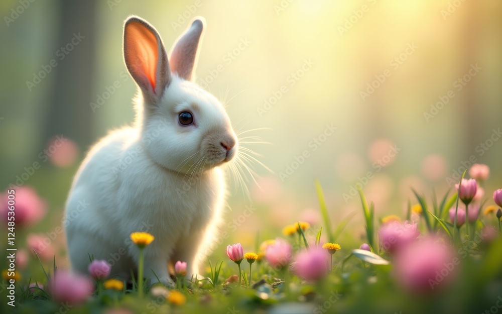 A serene white rabbit surrounded by colorful flowers in a soft, sunlit meadow. A serene white rabbit surrounded by colorful flowers in a soft, sunlit meadow.