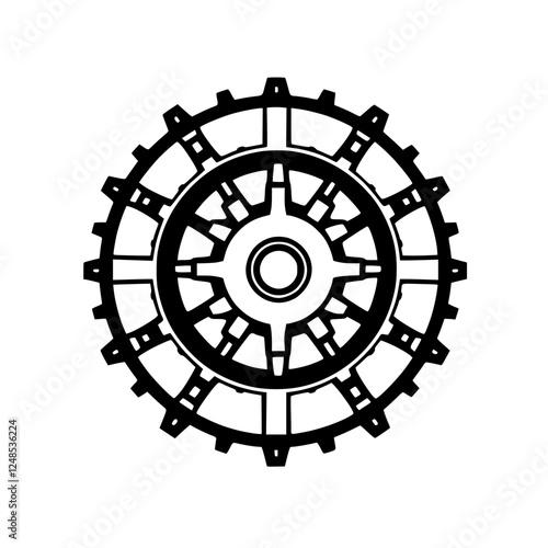 A black and white image of a circular gear with internal spokes and a central hub, displayed against a white background.