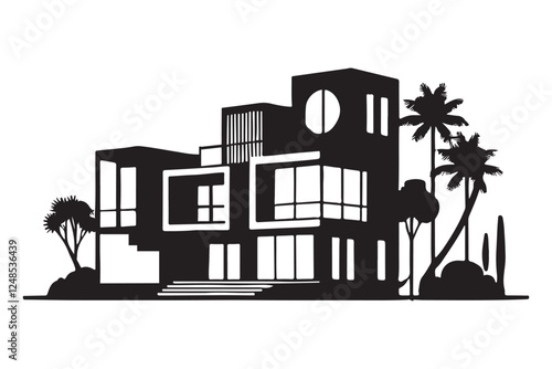 Modern Luxury Villa Illustration With Trees and Palm Trees