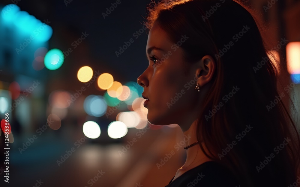 Fototapeta premium A woman in profile illuminated by city lights, showcasing a moment of reflection at nighttime.