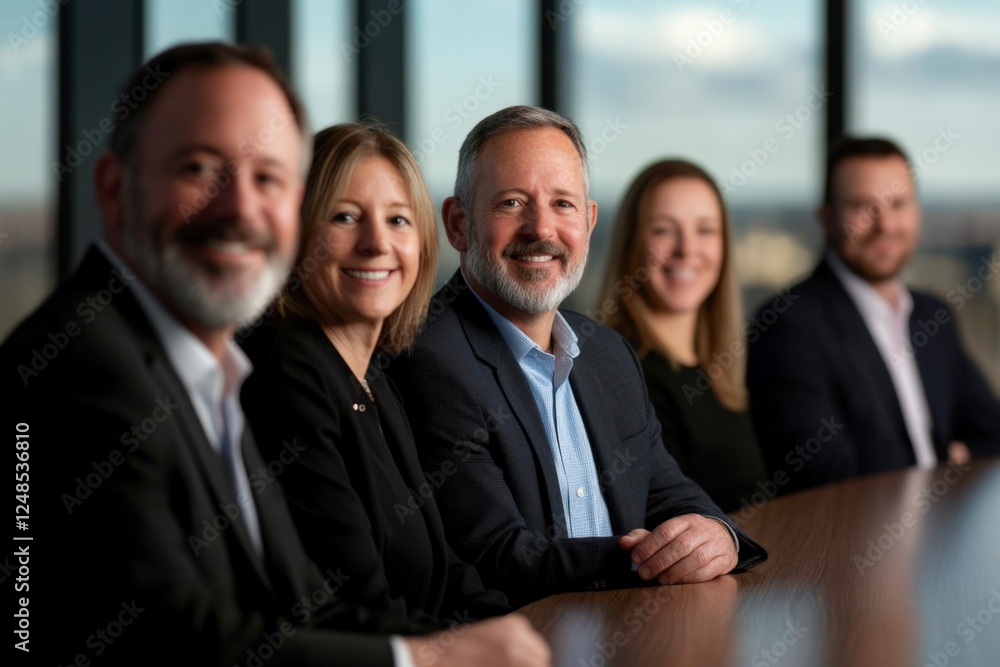 business team smiling at camera around a conference table. business team smiling at camera around a conference table.