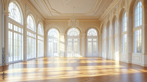 Wallpaper Mural Big white bright loft room architecture render 3d illustration with shiny wooden floor and white textured walls day light high key lighting Torontodigital.ca