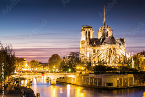 Notre Dame cathedral illuminated at dusk, Paris, France photo