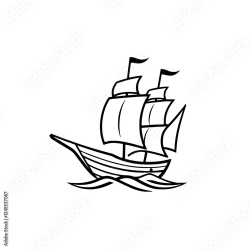 Obraz na plátně Minimalist illustration of a sailing ship with two masts, simple lines, and flags