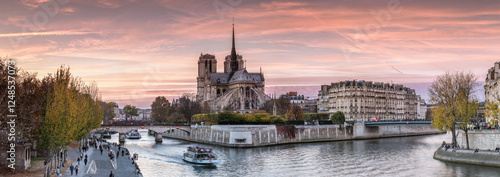 Panoramic of river Seine and Notre Dame at sunset, Paris, France