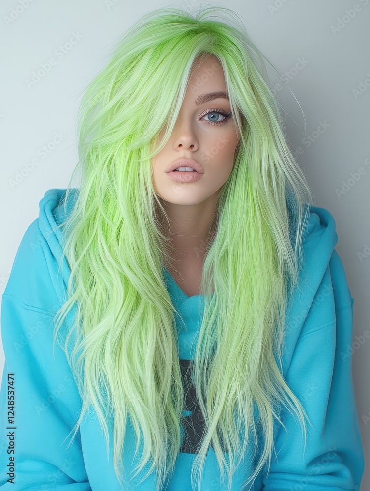 Fototapeta premium Model with vibrant green hair wearing a blue hoodie poses against a light background in a calm indoor setting