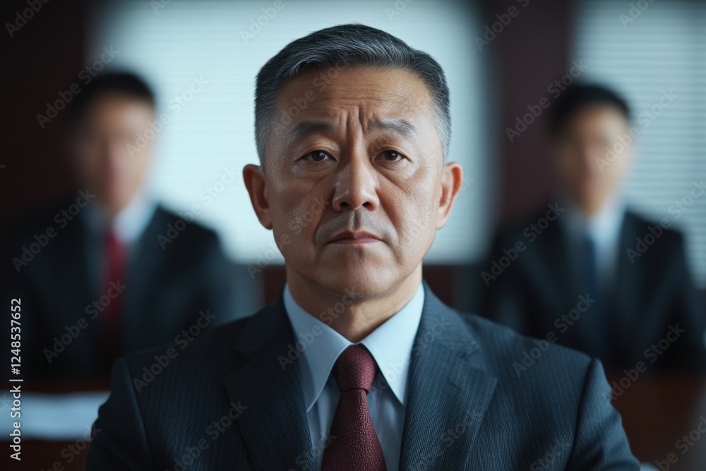 middle-aged businessman in suit looking serious with coworkers in the background middle-aged businessman in suit looking serious with coworkers in the background