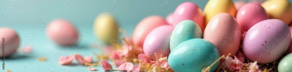 Close-up vibrant pastel Easter eggs, speckled and shiny, macro, smooth, bright Close-up vibrant pastel Easter eggs, speckled and shiny, macro, smooth, bright