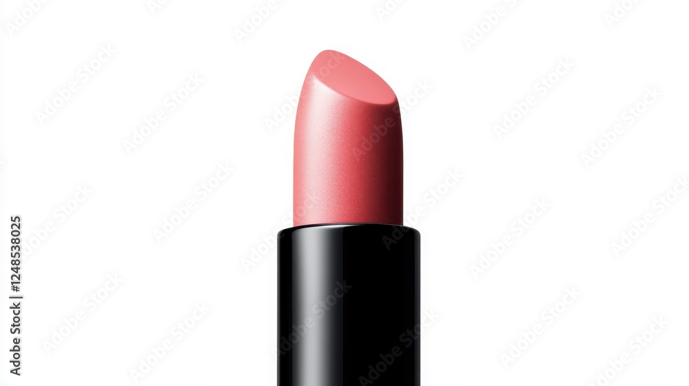 Lipstick in soft pink shade displayed against a clean white background featuring a sleek black casing and a smooth, glossy finish Lipstick in soft pink shade displayed against a clean white background featuring a sleek black casing and a smooth, glossy finish