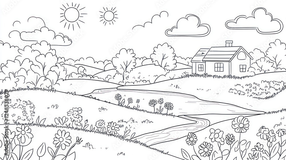 Sunny countryside house, flowers, river, hills; coloring book page Sunny countryside house, flowers, river, hills; coloring book page