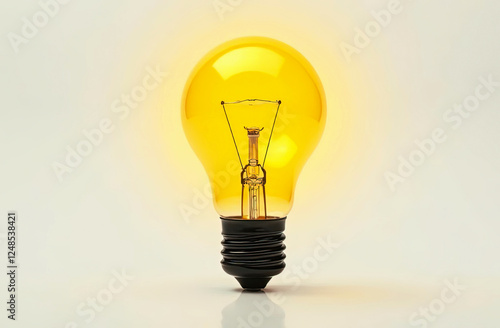 Bright yellow bulb with black light base on a white background. Lightbulb, idea, technology concept 
