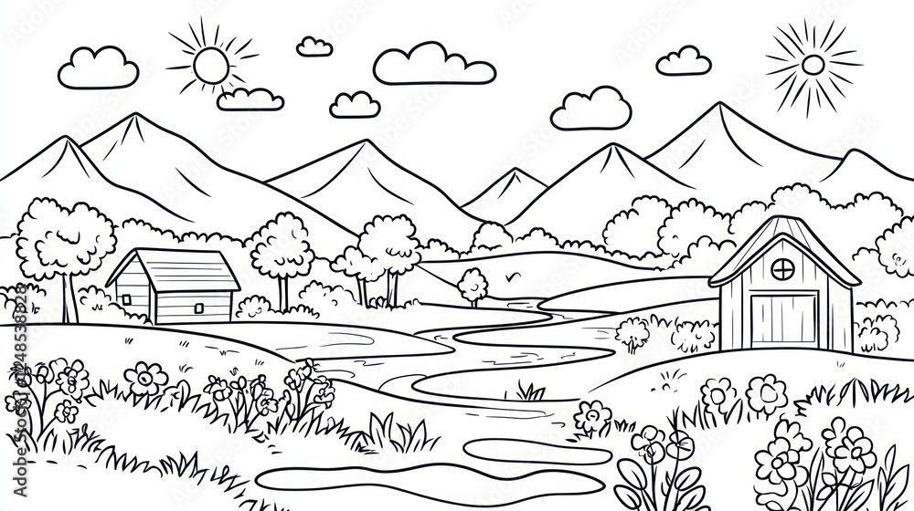 Obraz premium Rural landscape coloring page farm, creek, mountains