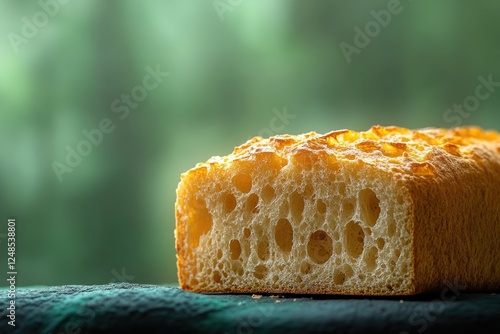 A close-up of a crusty artisan bread slice, showcasing its airy, porous texture. photo