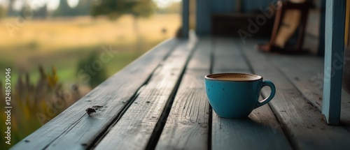 A lone blue cup sits on a rustic wooden porch, inviting one to enjoy a moment of peace amidst expansive pastoral views. photo