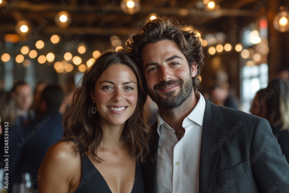 Smiling couple enjoying a festive evening at a lively gathering in a well-lit venue Smiling couple enjoying a festive evening at a lively gathering in a well-lit venue