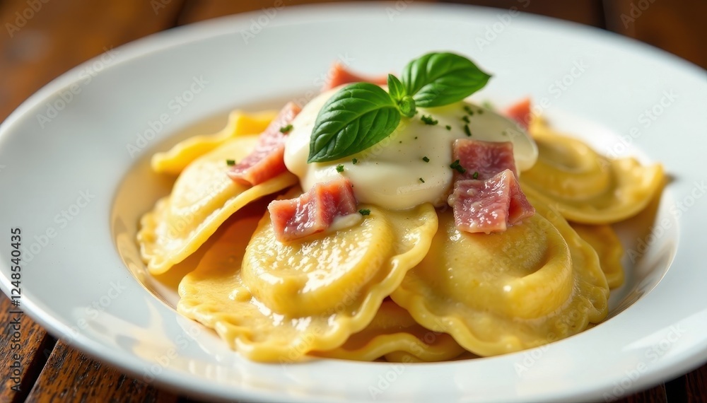 Ravioli with creamy Alfredo sauce, salami & mozzarella , pasta, cuisine Ravioli with creamy Alfredo sauce, salami & mozzarella , pasta, cuisine