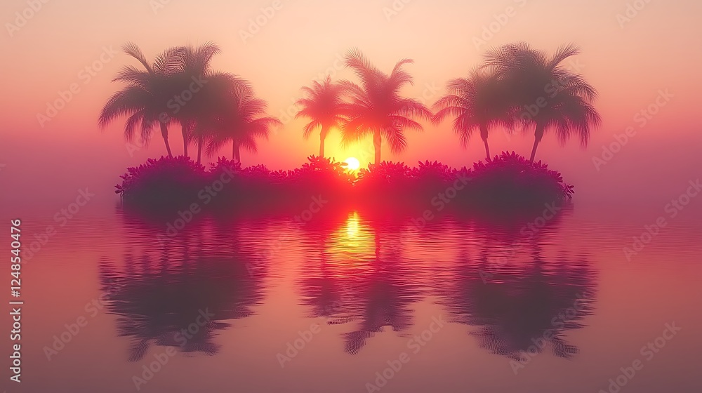 Tropical Island Sunset Palm Trees Peaceful Ocean Tropical Island Sunset Palm Trees Peaceful Ocean