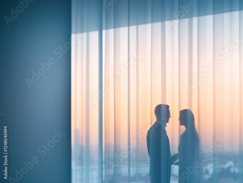 silhouette of a couple standing in front of a window with a soft, colorful sunset background