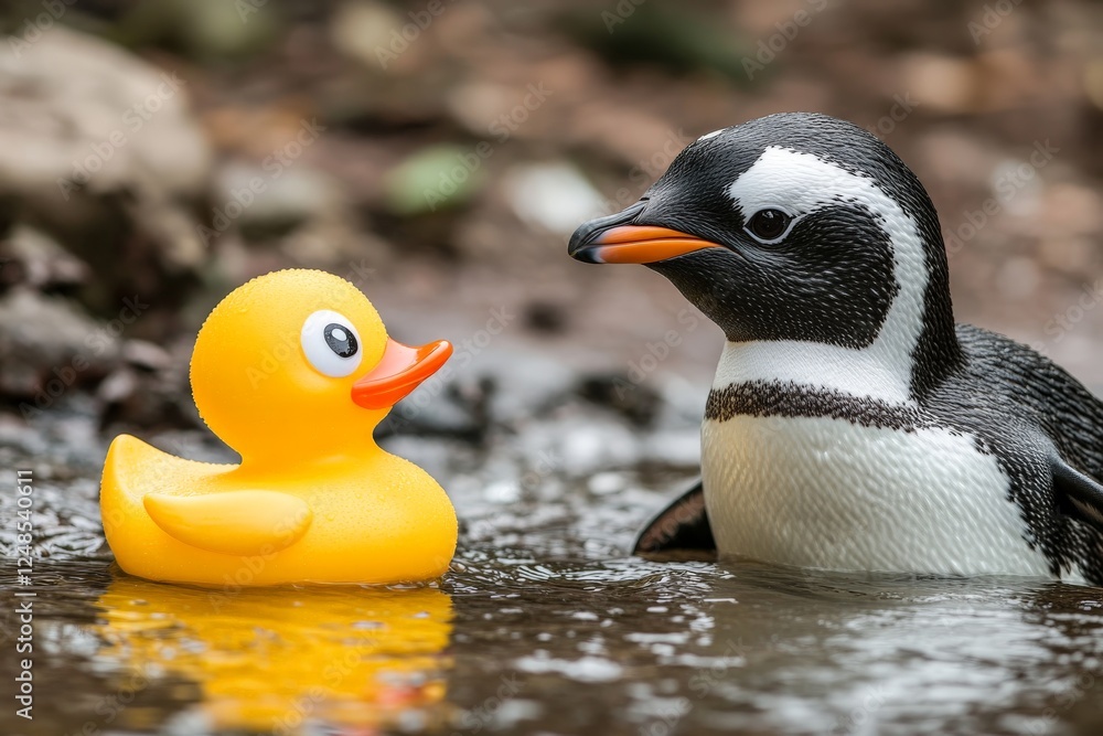 Penguin interacts with a yellow rubber duck in a serene pond setting surrounded by nature Penguin interacts with a yellow rubber duck in a serene pond setting surrounded by nature