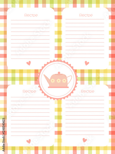 recipe notebook page template with a cute pink kettle on a checkered background
