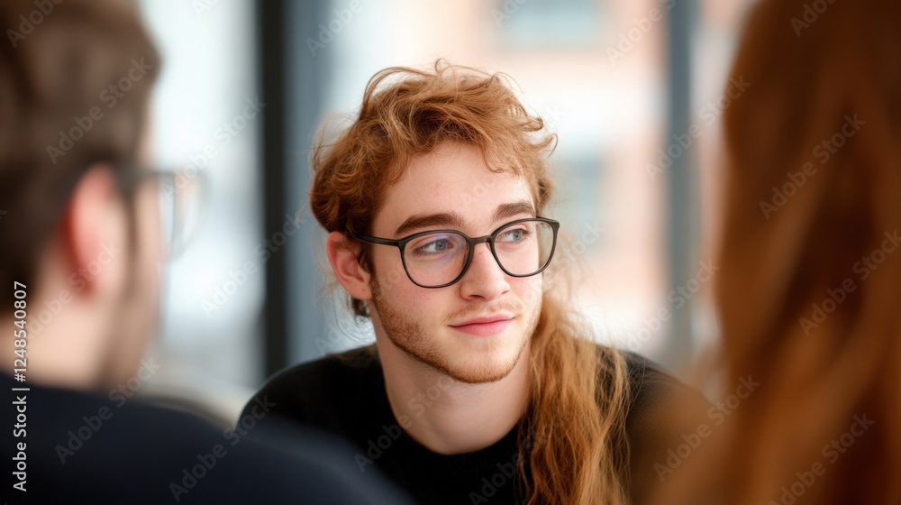 young adult man with glasses in discussion young adult man with glasses in discussion