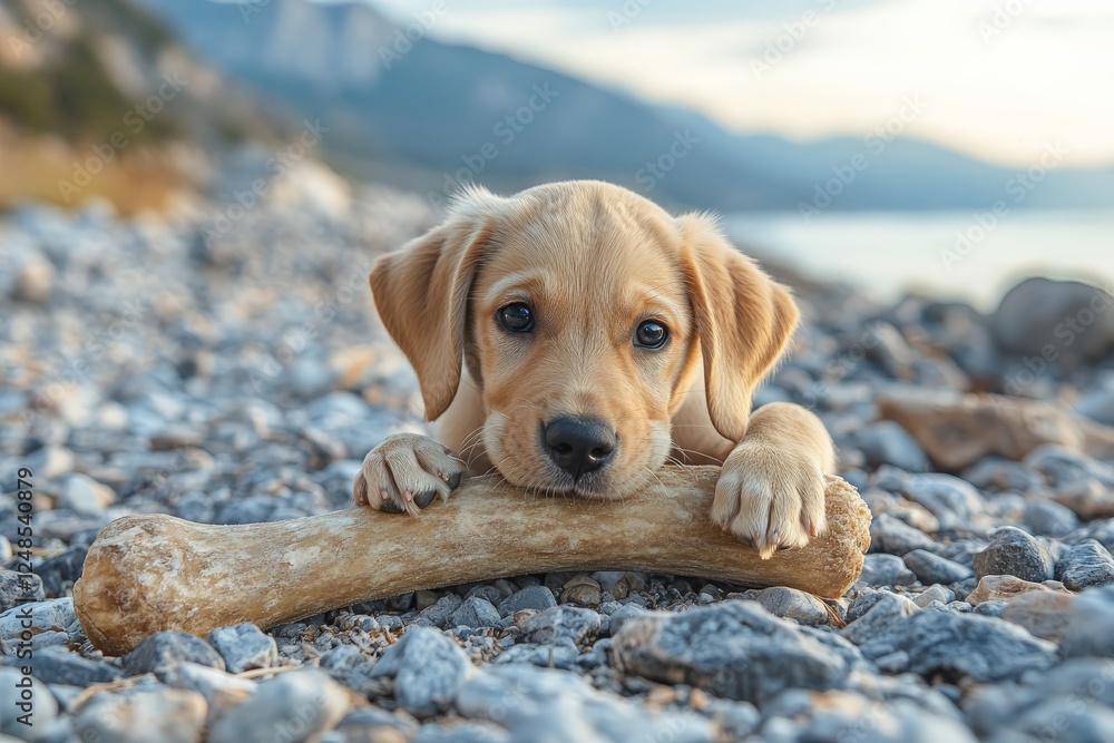Adorable puppy enjoys chewing on a large bone beside a tranquil lakeside at sunset Adorable puppy enjoys chewing on a large bone beside a tranquil lakeside at sunset
