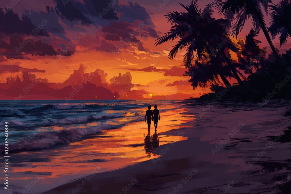 Obraz premium Golden Hour at a Serene Beach, the Sky Painted with Warm Tones as a Couple Walks Hand-in-Hand Along the Shore.